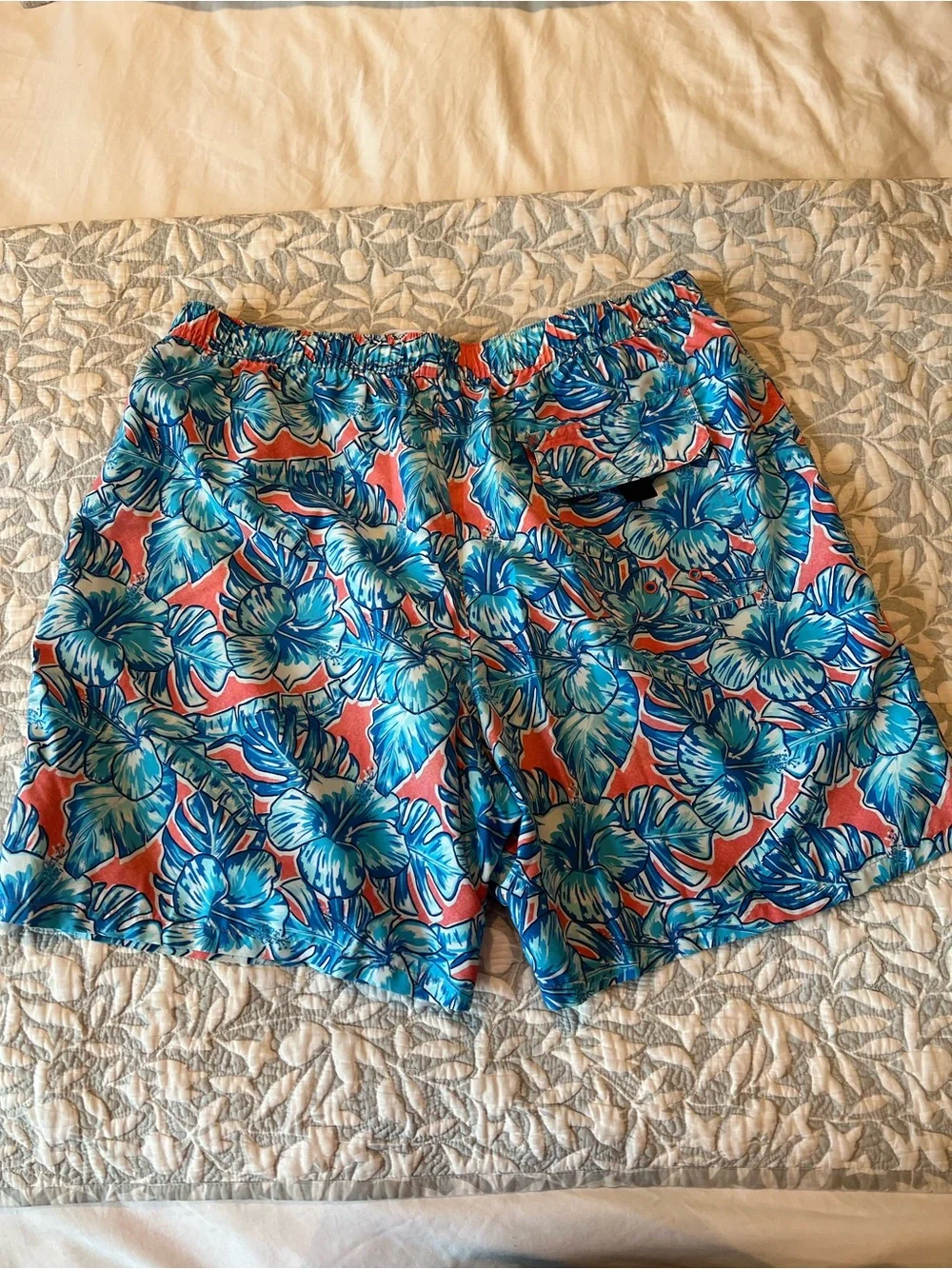 Vineyard Vines Blue Floral Swim Trunks with Coral Accent